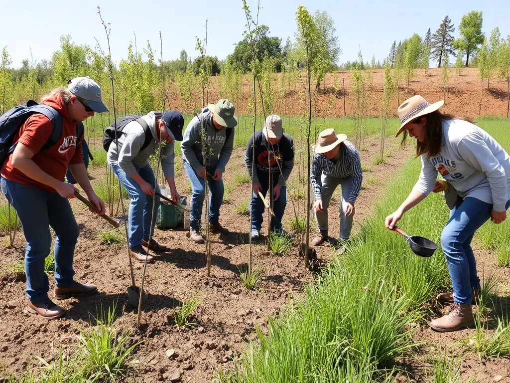 A photograph depicting a group of volunteers planting trees as part of a habitat restoration project organized by AMICALE DE CHASSE DE CHASTEAUX, showcasing their commitment to enhancing biodiversity.
