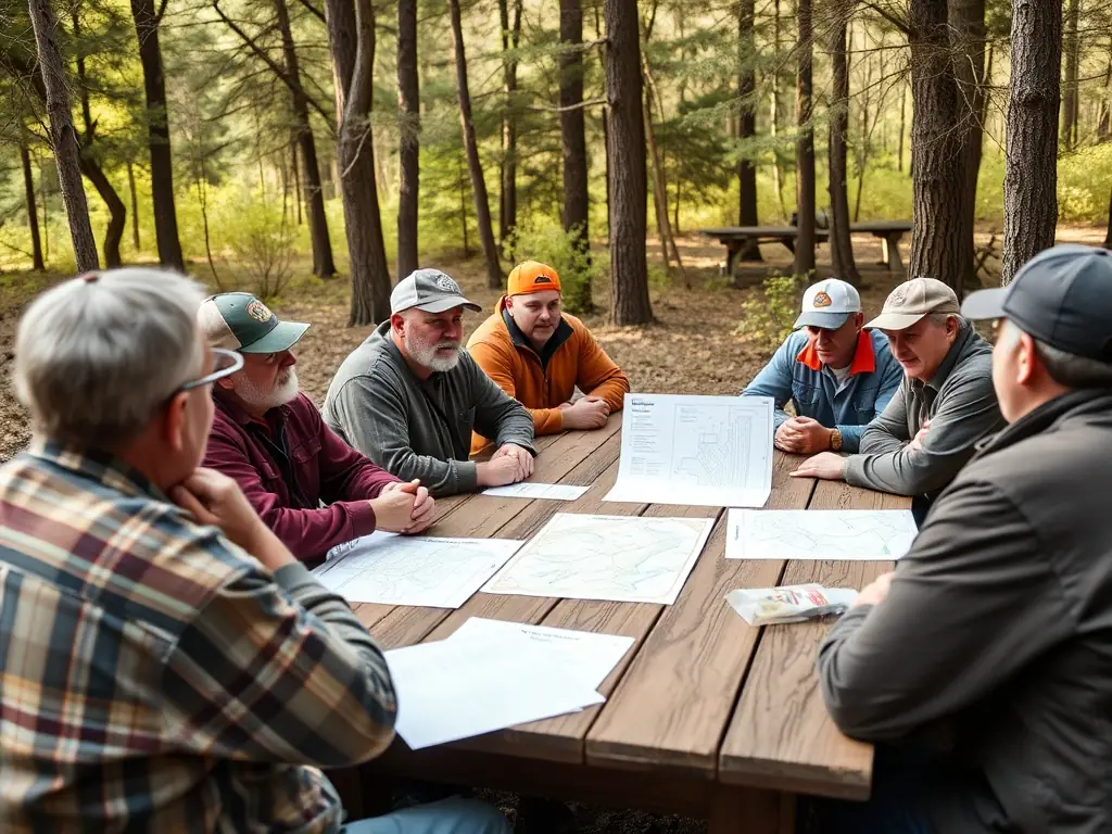A photograph featuring a group of local residents participating in a workshop on sustainable hunting practices, organized by AMICALE DE CHASSE DE CHASTEAUX. The image should emphasize community engagement and education.