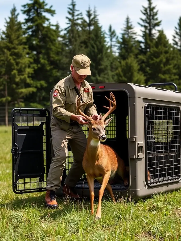 An image showing a wildlife biologist releasing a tagged deer back into its natural habitat, representing the restocking program of AMICALE DE CHASSE DE CHASTEAUX.