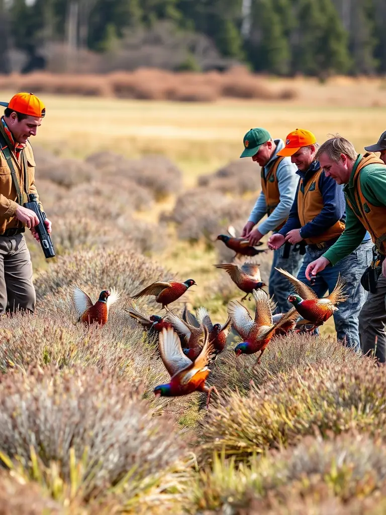 A heartwarming image of AMICALE DE CHASSE DE CHASTEAUX members releasing young, healthy game birds into a restored habitat, symbolizing their dedication to restocking and wildlife conservation.