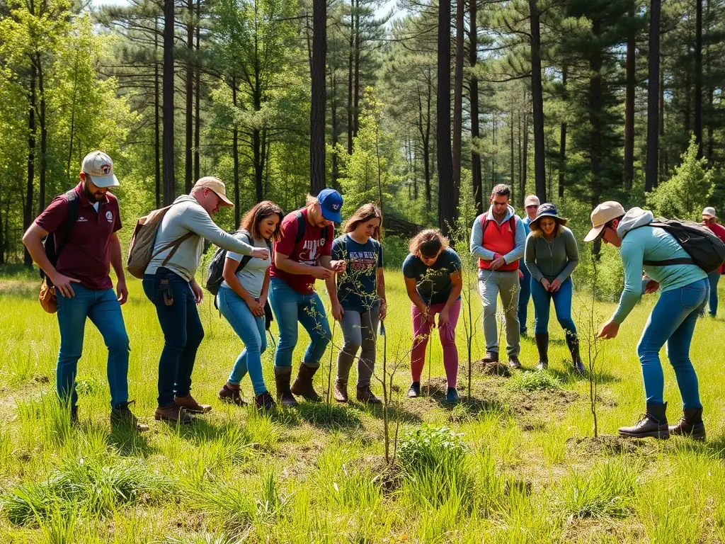 A lush forest scene depicting active habitat restoration, with volunteers planting native trees and shrubs to enhance biodiversity and support local wildlife.