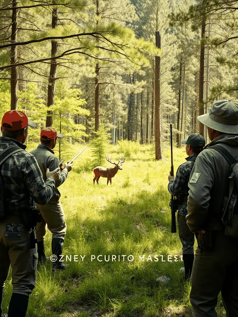 A photograph of AMICALE DE CHASSE DE CHASTEAUX members collaborating with local authorities to patrol and protect wildlife habitats, highlighting their commitment to preventing poaching.