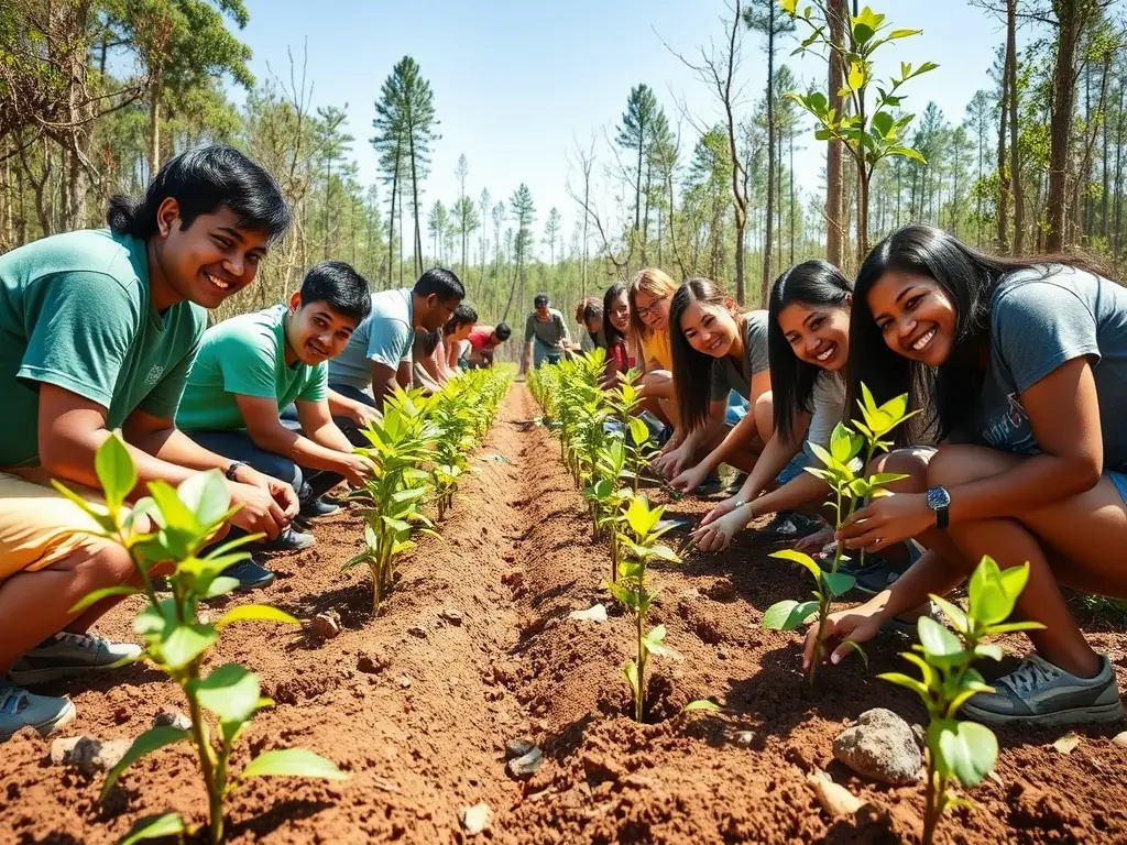 A photograph depicting a group of volunteers planting trees in a deforested area, symbolizing habitat restoration efforts by AMICALE DE CHASSE DE CHASTEAUX. The image should convey a sense of community involvement and environmental stewardship.