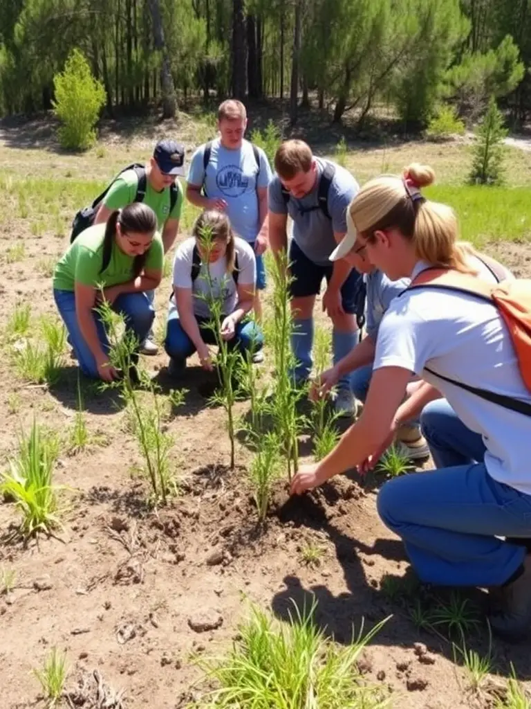 A photograph depicting a group of volunteers planting native trees in a deforested area, illustrating habitat restoration efforts by AMICALE DE CHASSE DE CHASTEAUX.