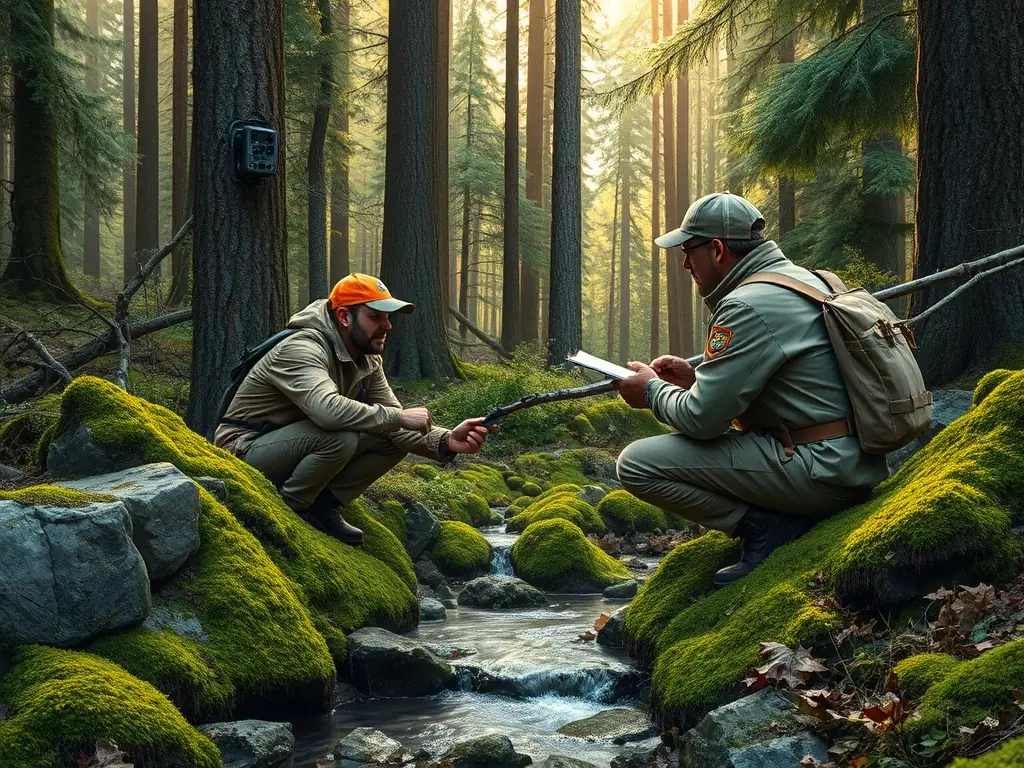 A photograph showcasing a wildlife expert monitoring a deer population in its natural habitat, representing the wildlife management program of AMICALE DE CHASSE DE CHASTEAUX. The image should highlight the scientific approach to conservation.