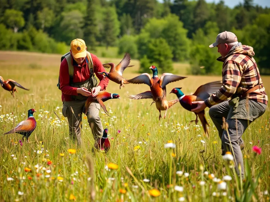 A picturesque landscape showing the release of game animals into their natural habitat, symbolizing the restocking efforts to maintain ecological balance and hunting opportunities.